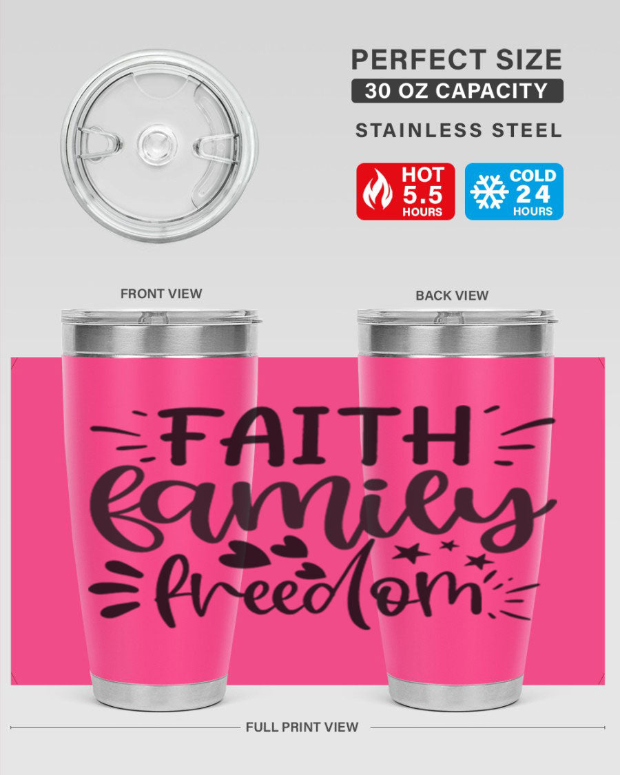 Faith Family Freedom 43# Tumbler in stainless steel with a drink-thru lid, showcasing its sleek design and vibrant printed graphics.