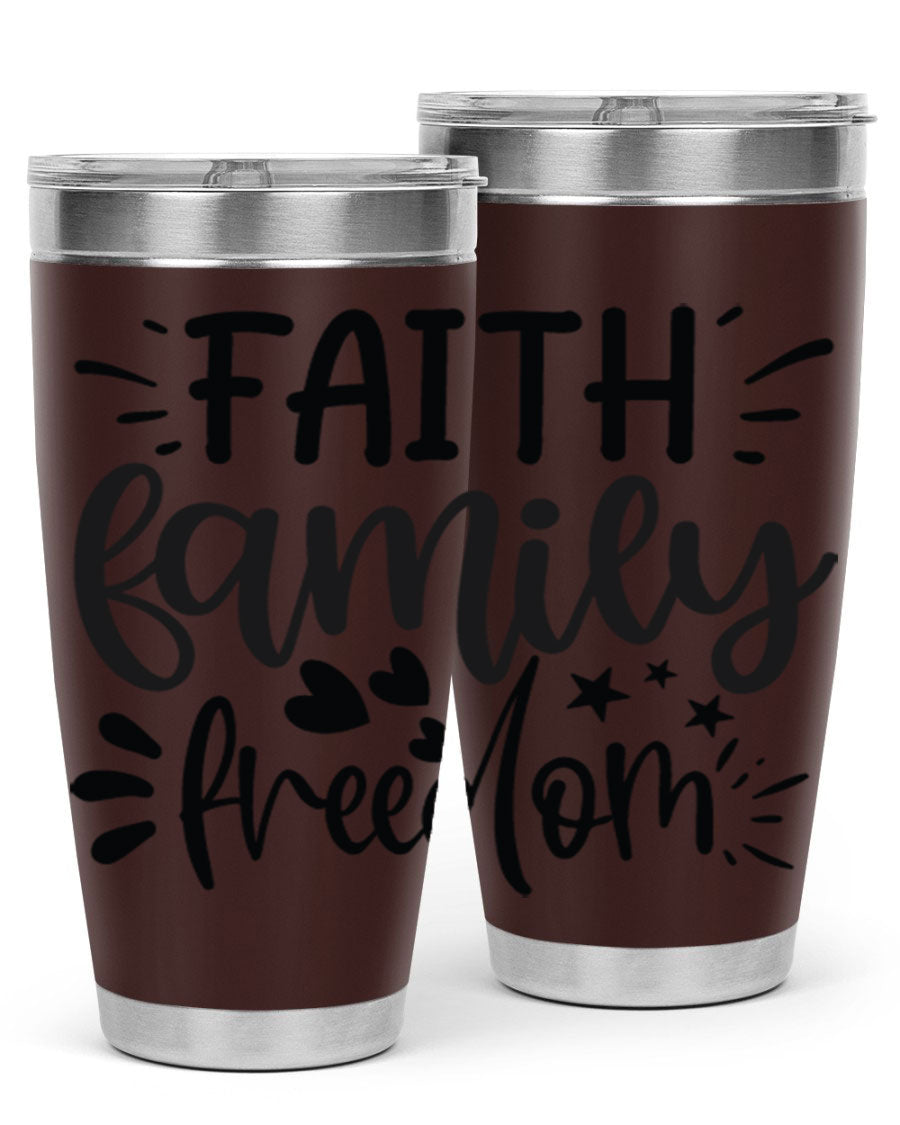 Faith Family Freedom 43# Tumbler in stainless steel with a drink-thru lid, showcasing its sleek design and vibrant printed graphics.