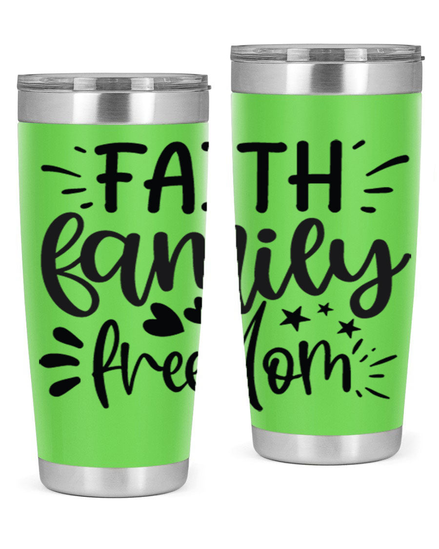 Faith Family Freedom 43# Tumbler in stainless steel with a drink-thru lid, showcasing its sleek design and vibrant printed graphics.