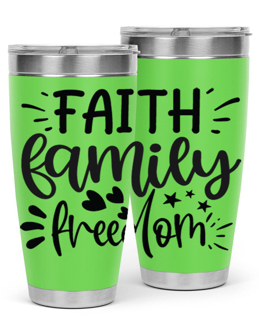 Faith Family Freedom 43# Tumbler in stainless steel with a drink-thru lid, showcasing its sleek design and vibrant printed graphics.