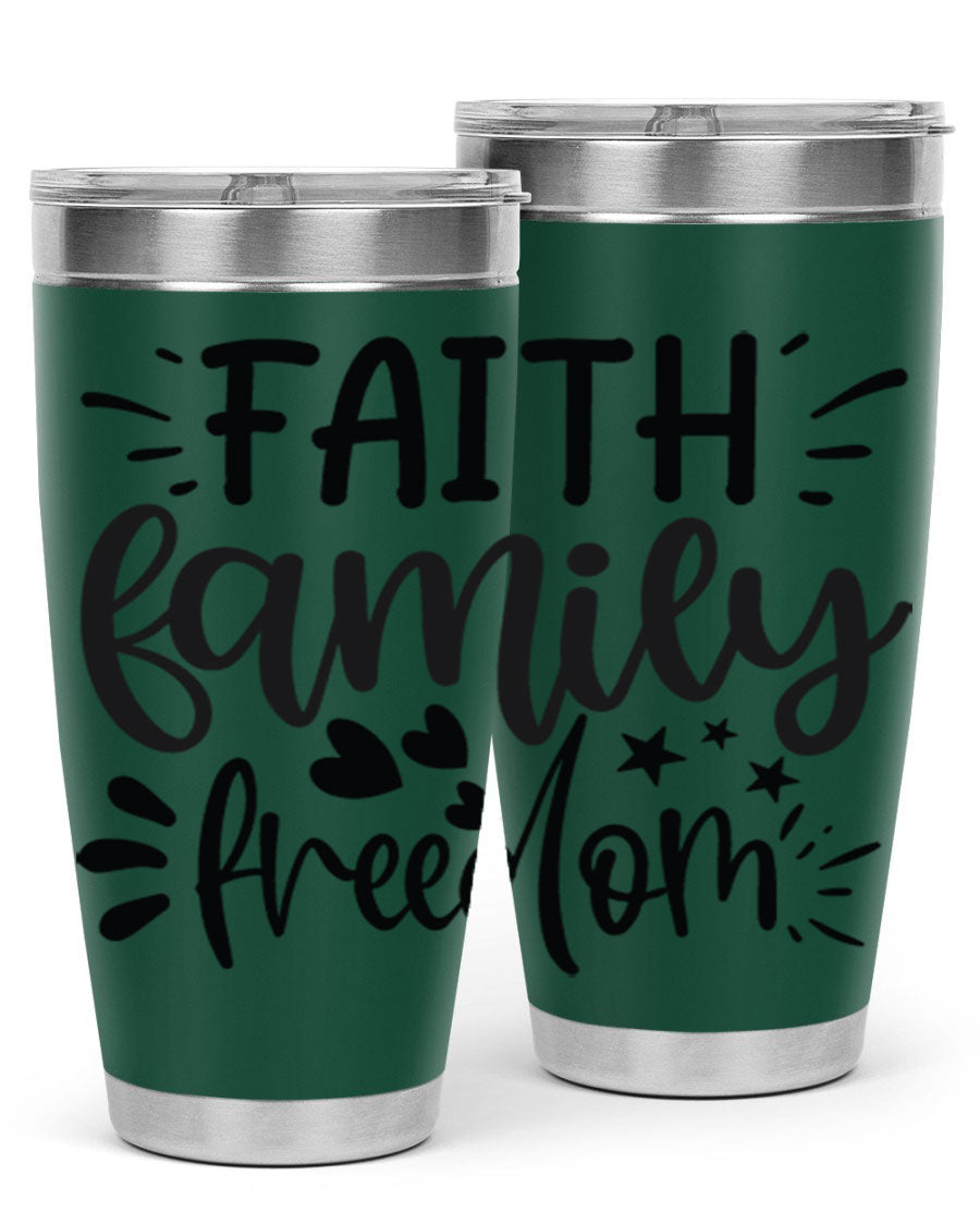 Faith Family Freedom 43# Tumbler in stainless steel with a drink-thru lid, showcasing its sleek design and vibrant printed graphics.