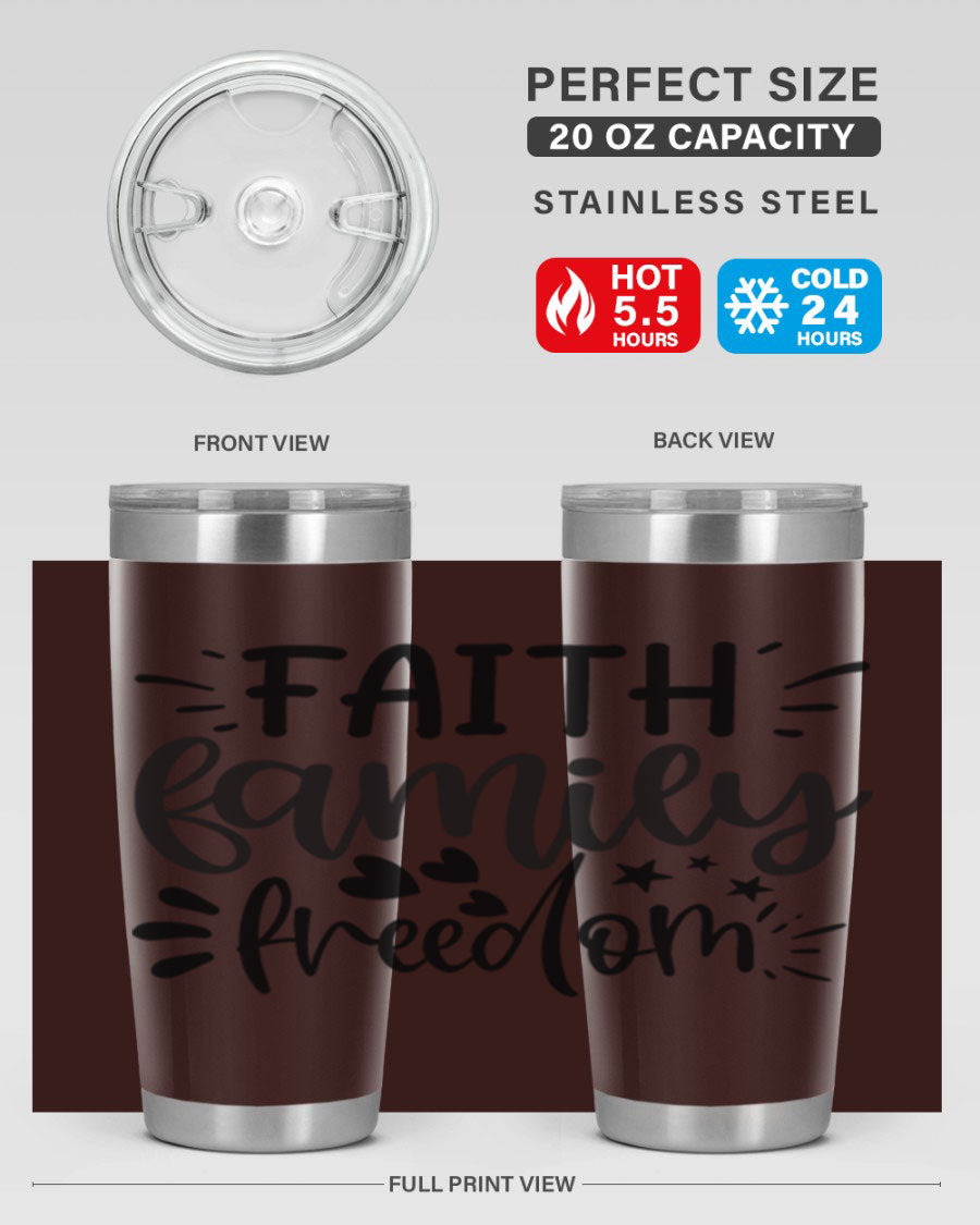 Faith Family Freedom 43# Tumbler in stainless steel with a drink-thru lid, showcasing its sleek design and vibrant printed graphics.