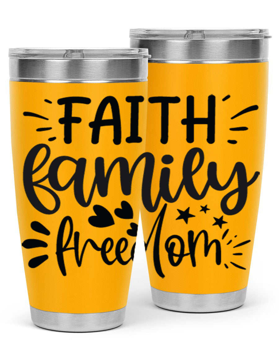 Faith Family Freedom 43# Tumbler in stainless steel with a drink-thru lid, showcasing its sleek design and vibrant printed graphics.