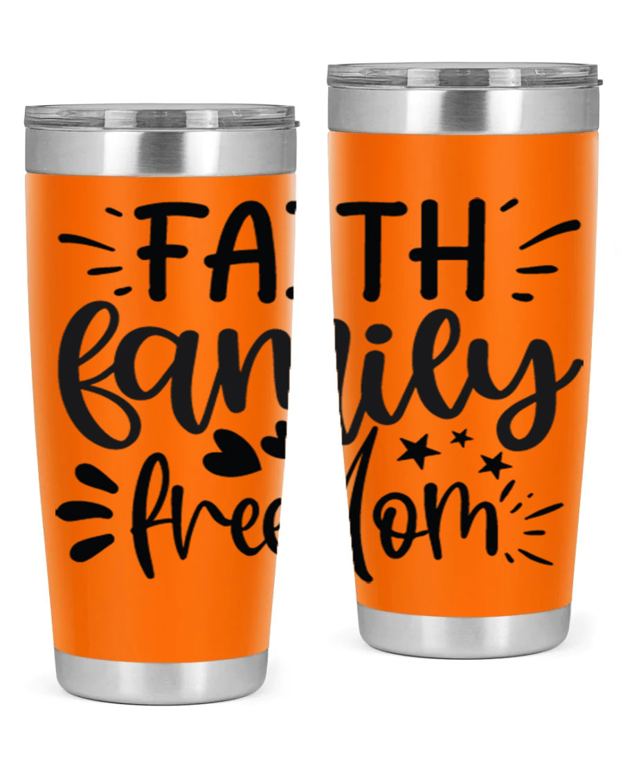Faith Family Freedom 43# Tumbler in stainless steel with a drink-thru lid, showcasing its sleek design and vibrant printed graphics.