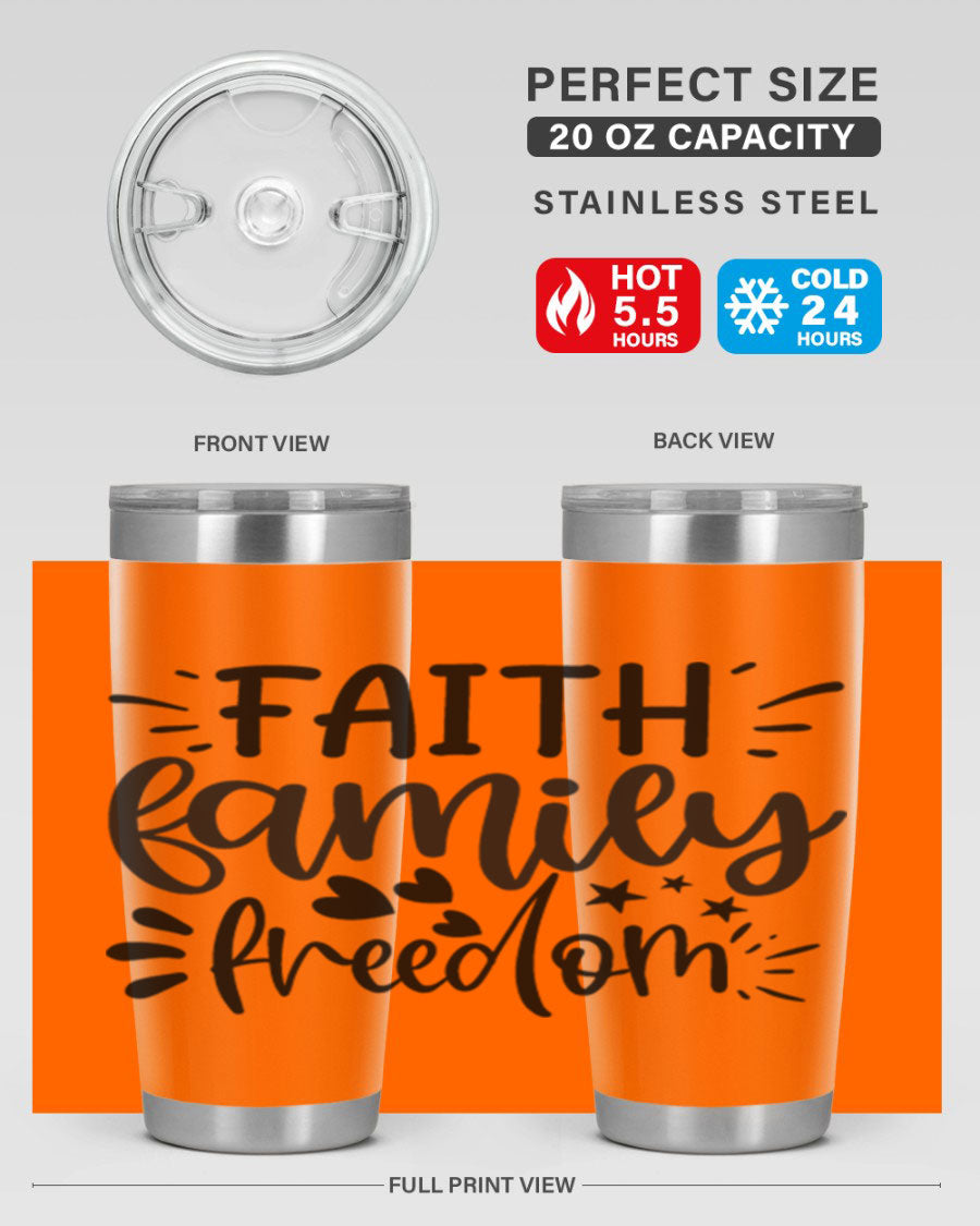 Faith Family Freedom 43# Tumbler in stainless steel with a drink-thru lid, showcasing its sleek design and vibrant printed graphics.
