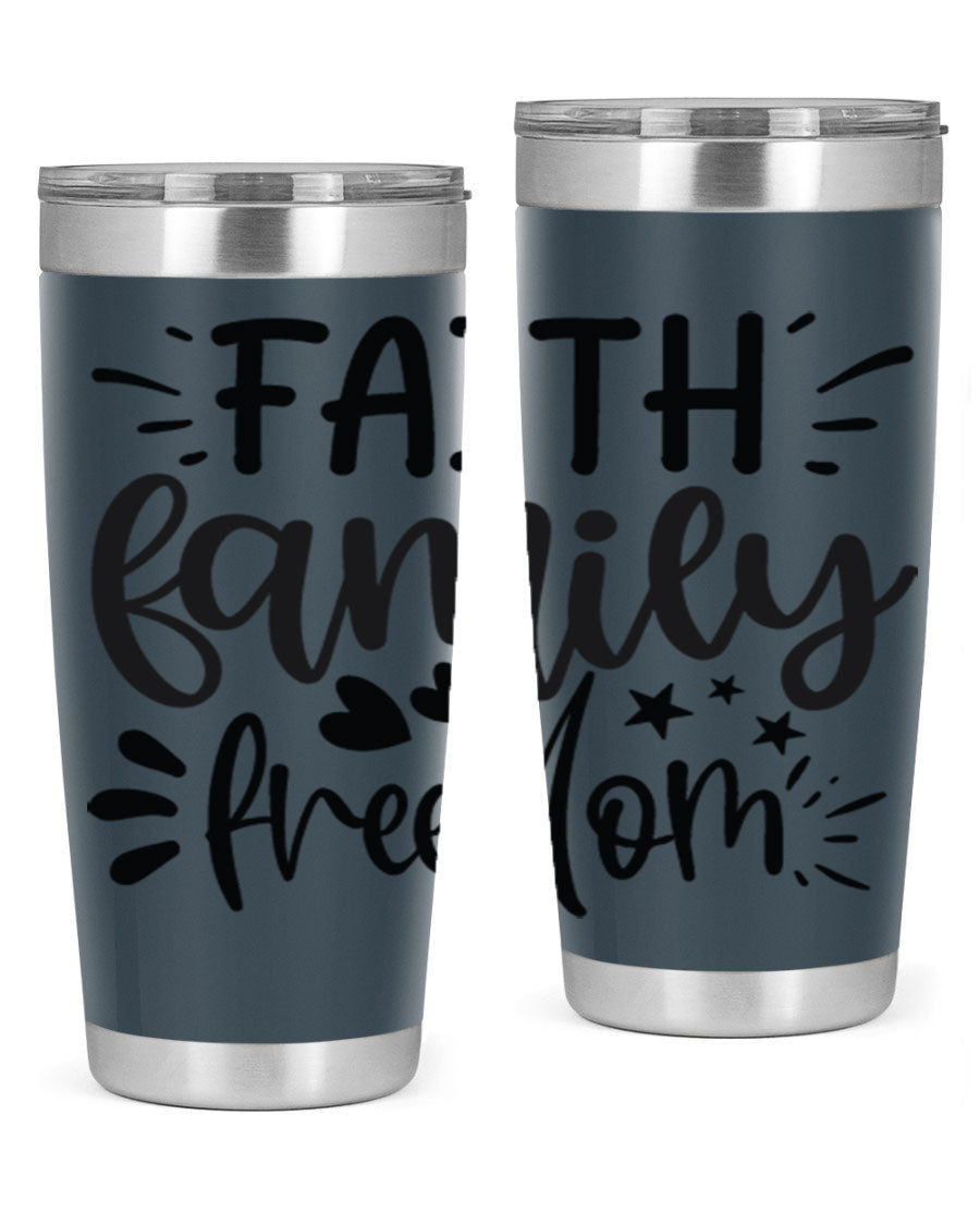 Faith Family Freedom 43# Tumbler in stainless steel with a drink-thru lid, showcasing its sleek design and vibrant printed graphics.