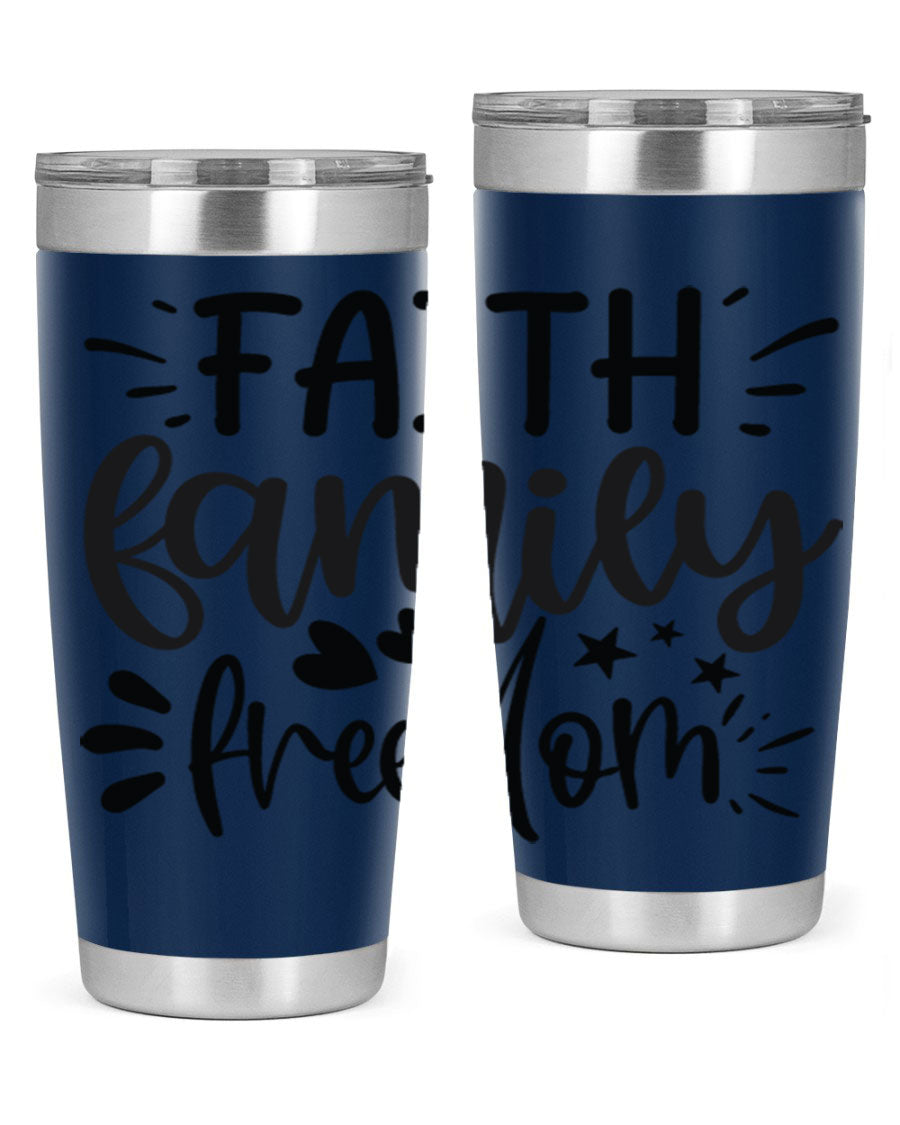 Faith Family Freedom 43# Tumbler in stainless steel with a drink-thru lid, showcasing its sleek design and vibrant printed graphics.