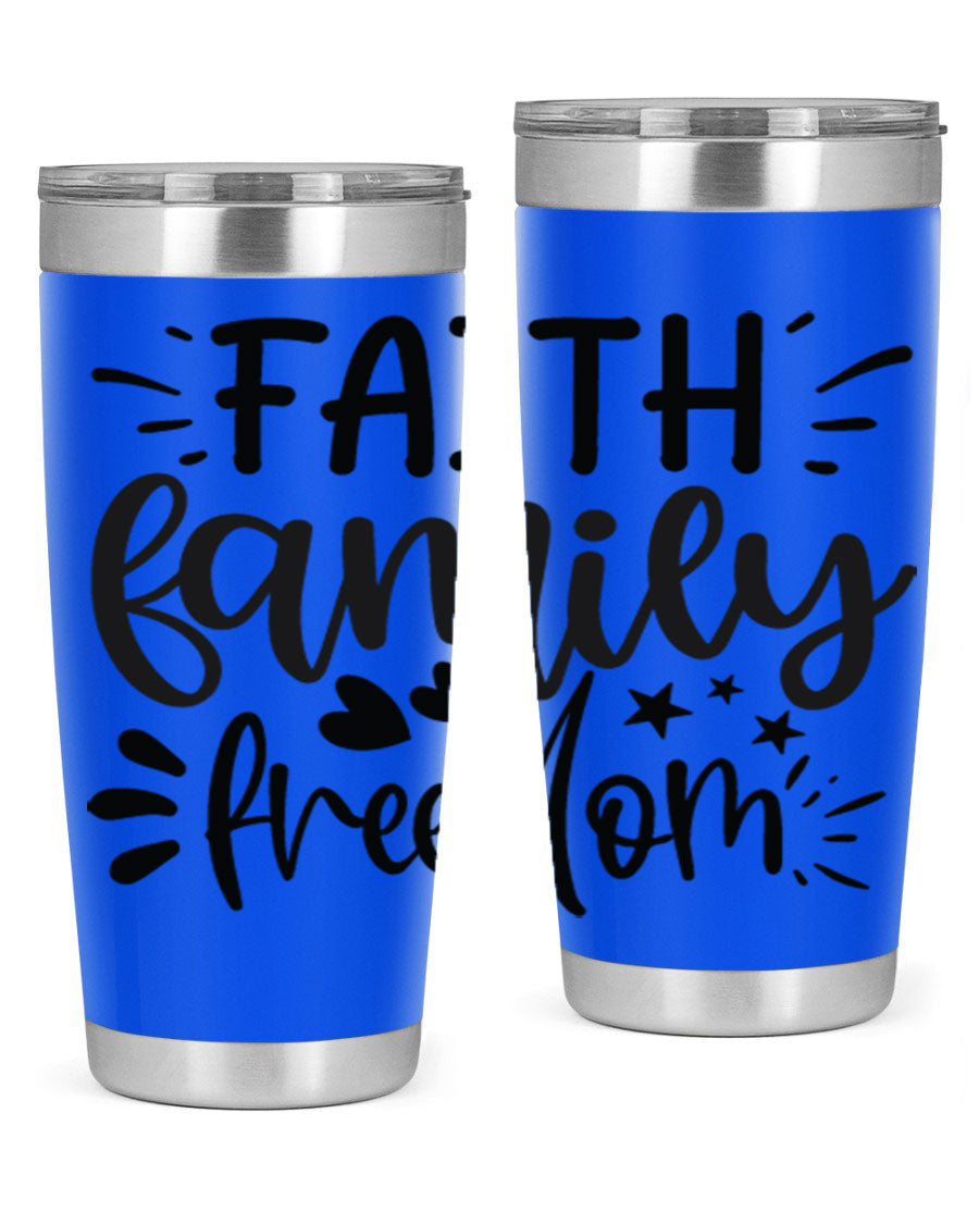 Faith Family Freedom 43# Tumbler in stainless steel with a drink-thru lid, showcasing its sleek design and vibrant printed graphics.