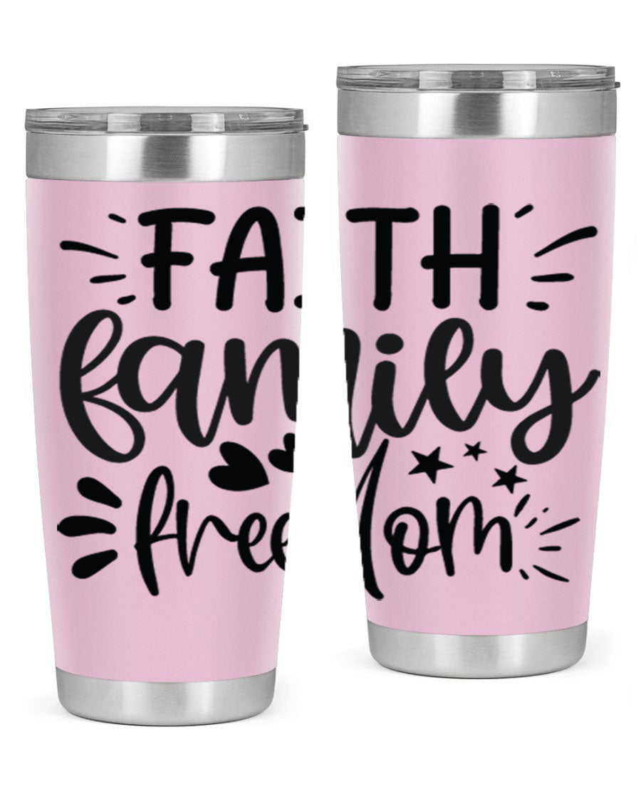 Faith Family Freedom 43# Tumbler in stainless steel with a drink-thru lid, showcasing its sleek design and vibrant printed graphics.