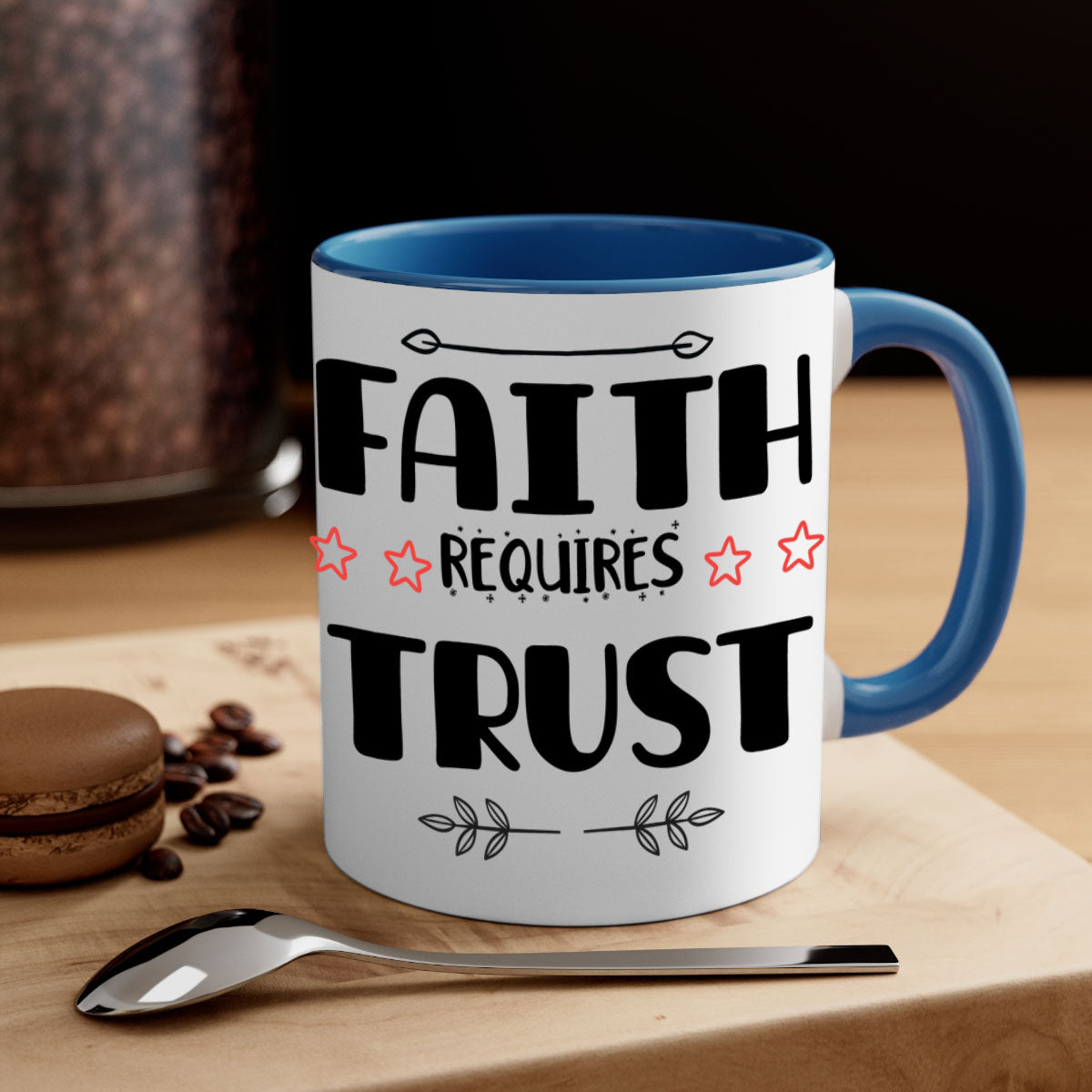 Faith Requires Trust Style 203# Christmas Mug with colorful handle and glossy finish, available in multiple colors.