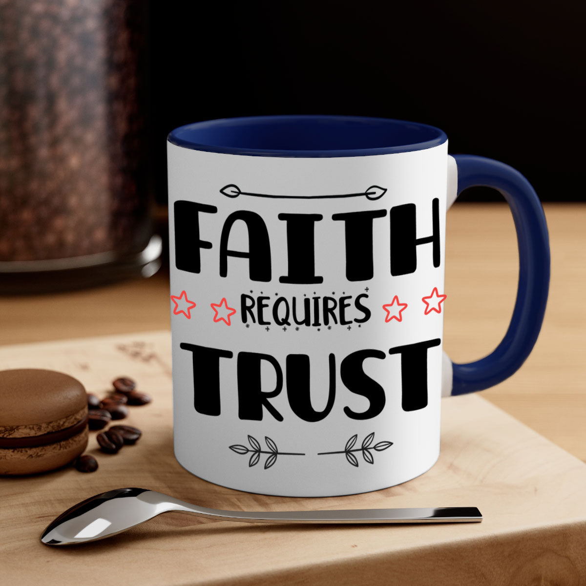 Faith Requires Trust Style 203# Christmas Mug with colorful handle and glossy finish, available in multiple colors.
