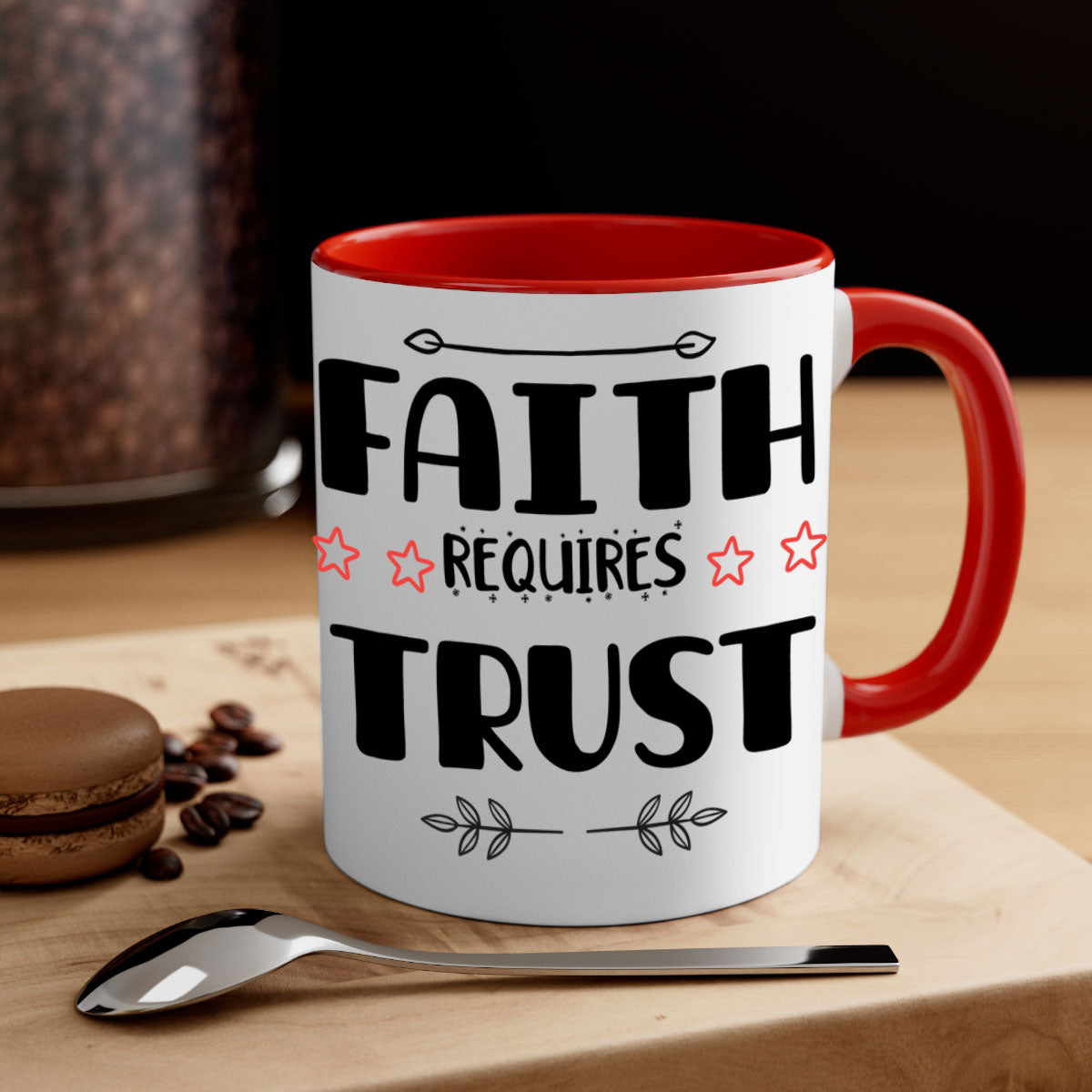 Faith Requires Trust Style 203# Christmas Mug with colorful handle and glossy finish, available in multiple colors.