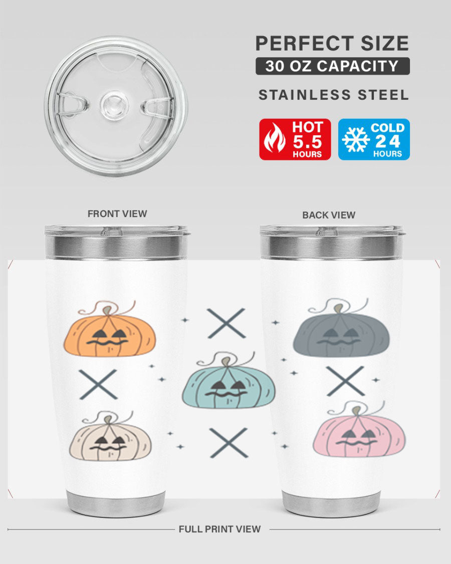 Fall 145# Tumbler in 20oz and 30oz sizes, showcasing double wall vacuum stainless steel design with copper lining and drink-thru lid.