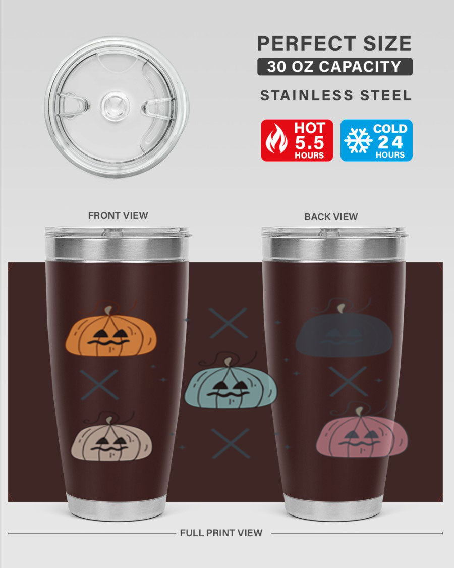 Fall 145# Tumbler in 20oz and 30oz sizes, showcasing double wall vacuum stainless steel design with copper lining and drink-thru lid.