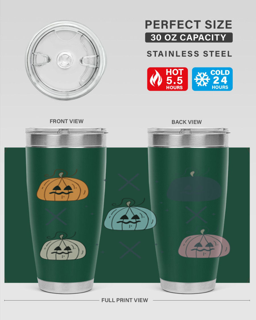 Fall 145# Tumbler in 20oz and 30oz sizes, showcasing double wall vacuum stainless steel design with copper lining and drink-thru lid.