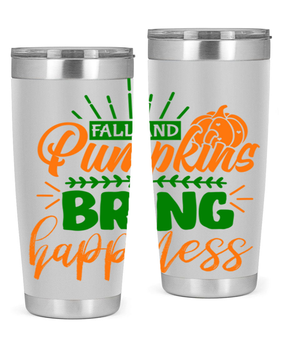 Fall and Pumpkins Bring Happiness 20oz Tumbler featuring a vibrant pumpkin design, double wall vacuum stainless steel construction, and a drink-thru lid.