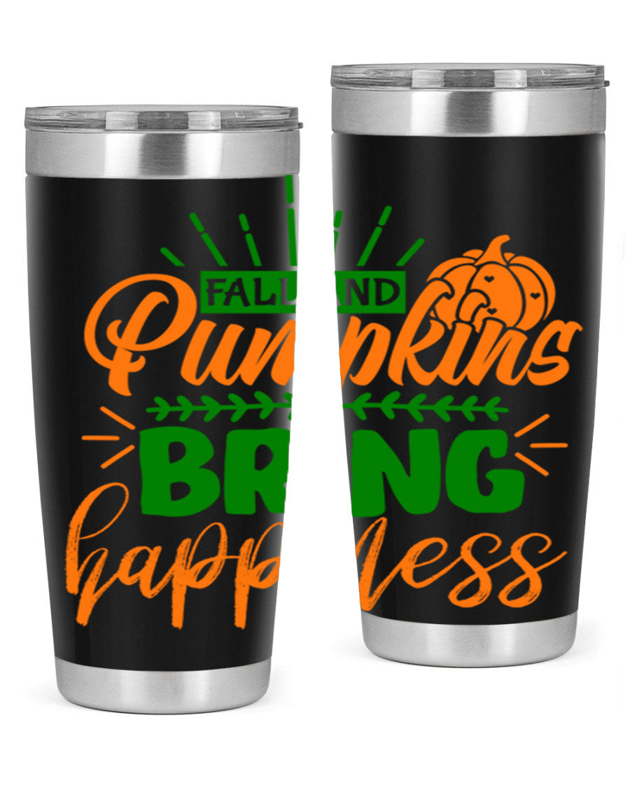 Fall and Pumpkins Bring Happiness 20oz Tumbler featuring a vibrant pumpkin design, double wall vacuum stainless steel construction, and a drink-thru lid.