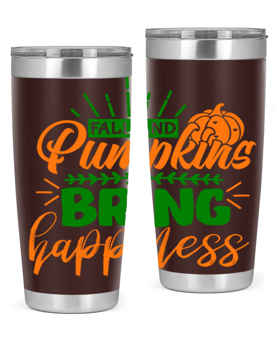 Fall and Pumpkins Bring Happiness 20oz Tumbler featuring a vibrant pumpkin design, double wall vacuum stainless steel construction, and a drink-thru lid.
