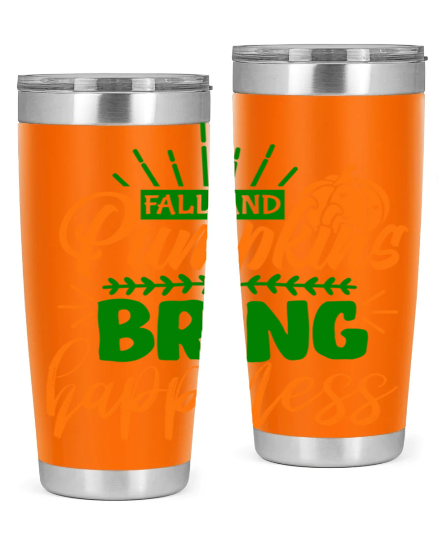 Fall and Pumpkins Bring Happiness 20oz Tumbler featuring a vibrant pumpkin design, double wall vacuum stainless steel construction, and a drink-thru lid.