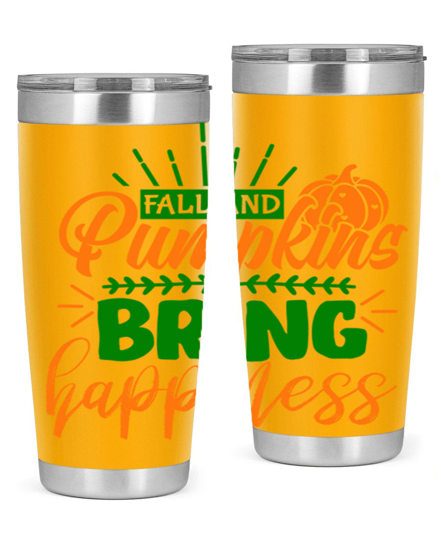 Fall and Pumpkins Bring Happiness 20oz Tumbler featuring a vibrant pumpkin design, double wall vacuum stainless steel construction, and a drink-thru lid.