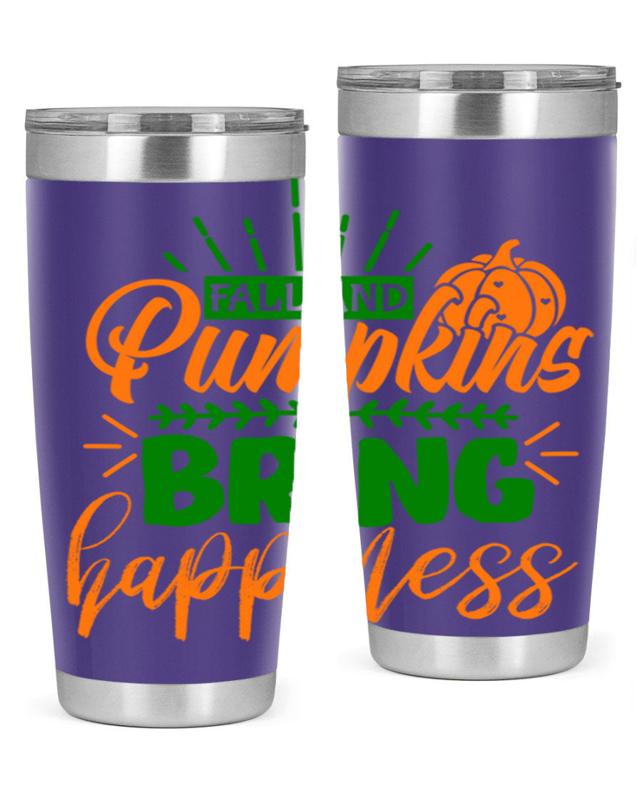 Fall and Pumpkins Bring Happiness 20oz Tumbler featuring a vibrant pumpkin design, double wall vacuum stainless steel construction, and a drink-thru lid.