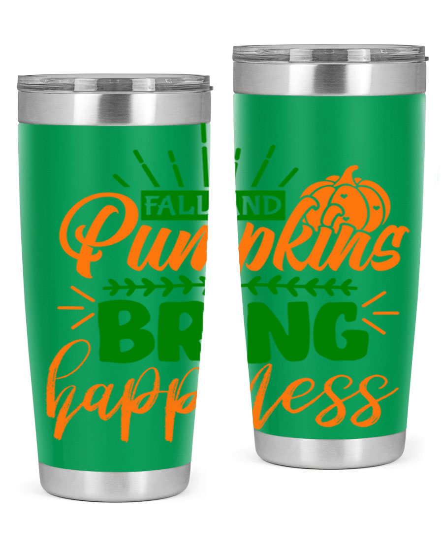 Fall and Pumpkins Bring Happiness 20oz Tumbler featuring a vibrant pumpkin design, double wall vacuum stainless steel construction, and a drink-thru lid.