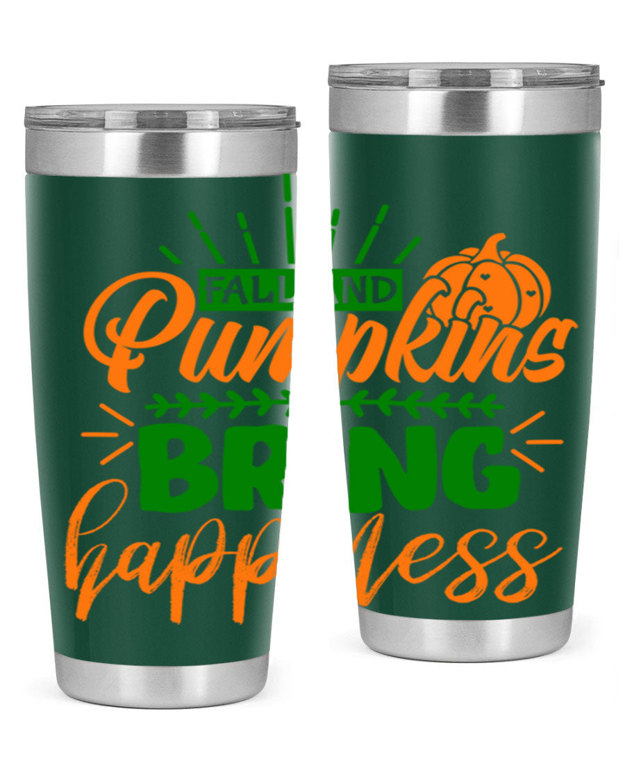 Fall and Pumpkins Bring Happiness 20oz Tumbler featuring a vibrant pumpkin design, double wall vacuum stainless steel construction, and a drink-thru lid.