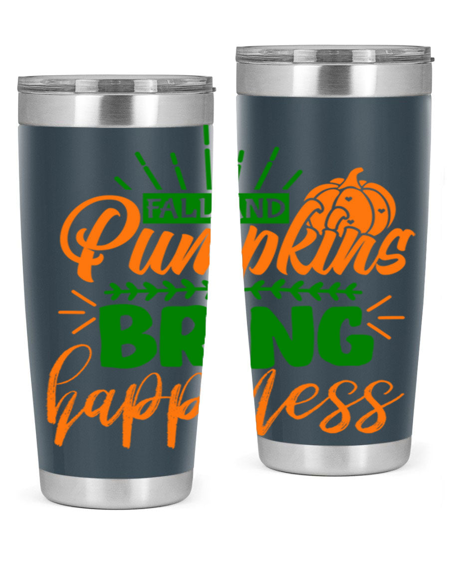 Fall and Pumpkins Bring Happiness 20oz Tumbler featuring a vibrant pumpkin design, double wall vacuum stainless steel construction, and a drink-thru lid.