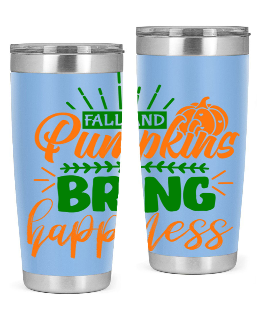 Fall and Pumpkins Bring Happiness 20oz Tumbler featuring a vibrant pumpkin design, double wall vacuum stainless steel construction, and a drink-thru lid.