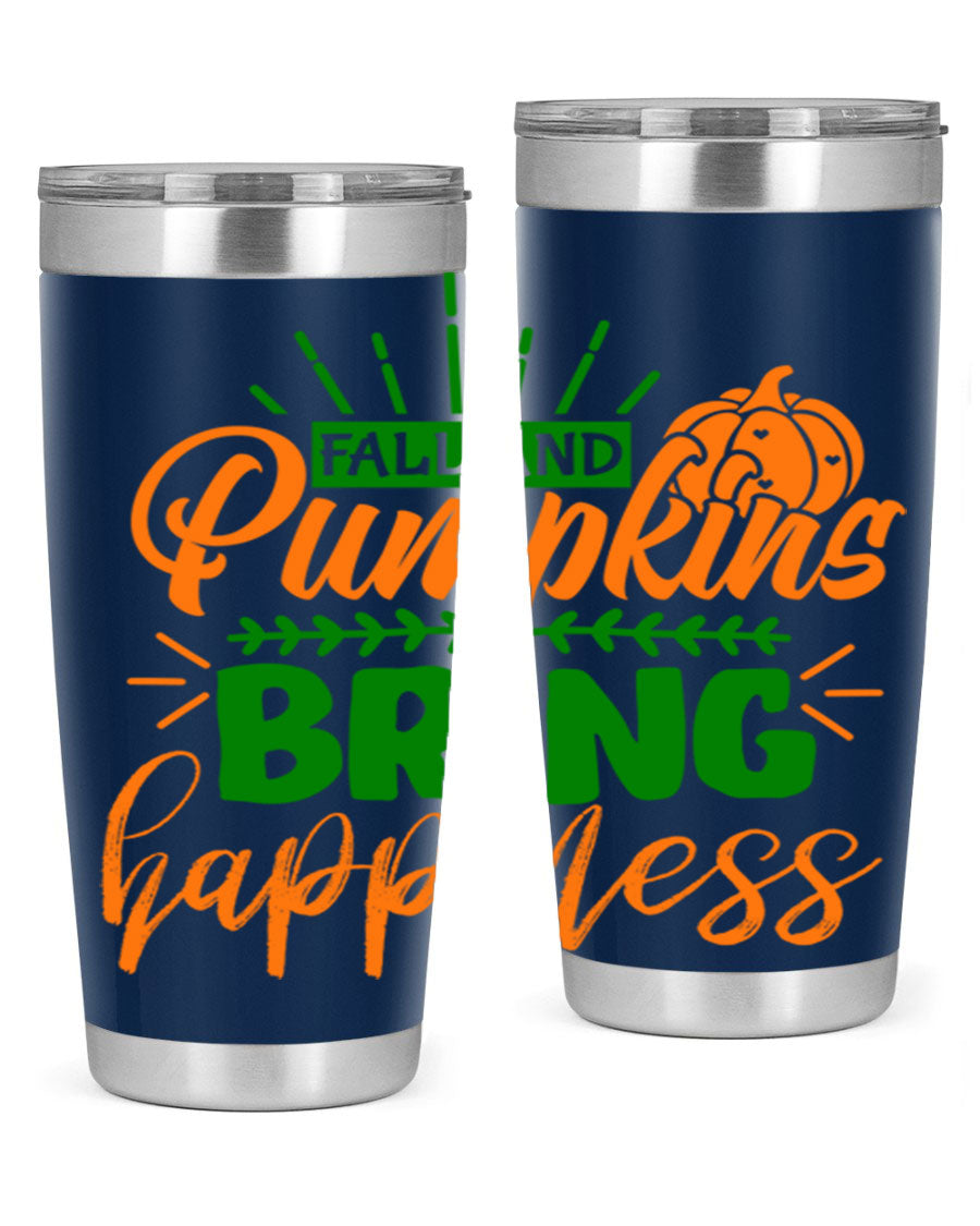 Fall and Pumpkins Bring Happiness 20oz Tumbler featuring a vibrant pumpkin design, double wall vacuum stainless steel construction, and a drink-thru lid.