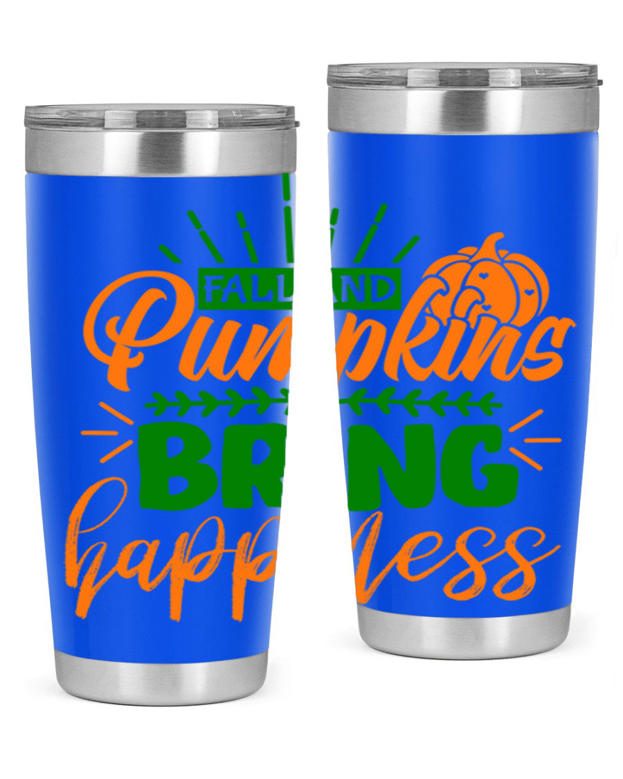 Fall and Pumpkins Bring Happiness 20oz Tumbler featuring a vibrant pumpkin design, double wall vacuum stainless steel construction, and a drink-thru lid.