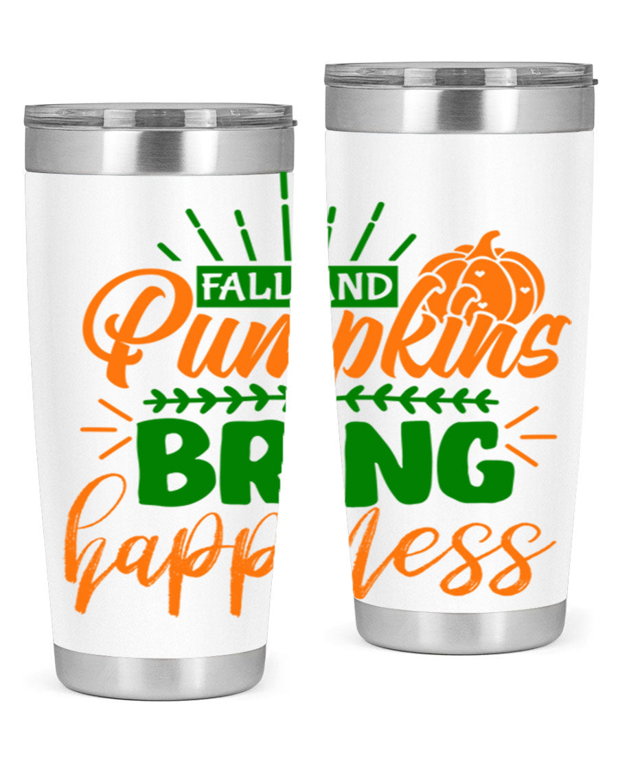 Fall and Pumpkins Bring Happiness 20oz Tumbler featuring a vibrant pumpkin design, double wall vacuum stainless steel construction, and a drink-thru lid.