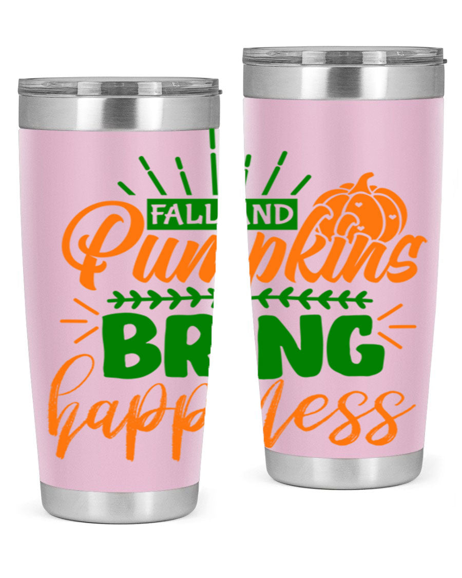 Fall and Pumpkins Bring Happiness 20oz Tumbler featuring a vibrant pumpkin design, double wall vacuum stainless steel construction, and a drink-thru lid.