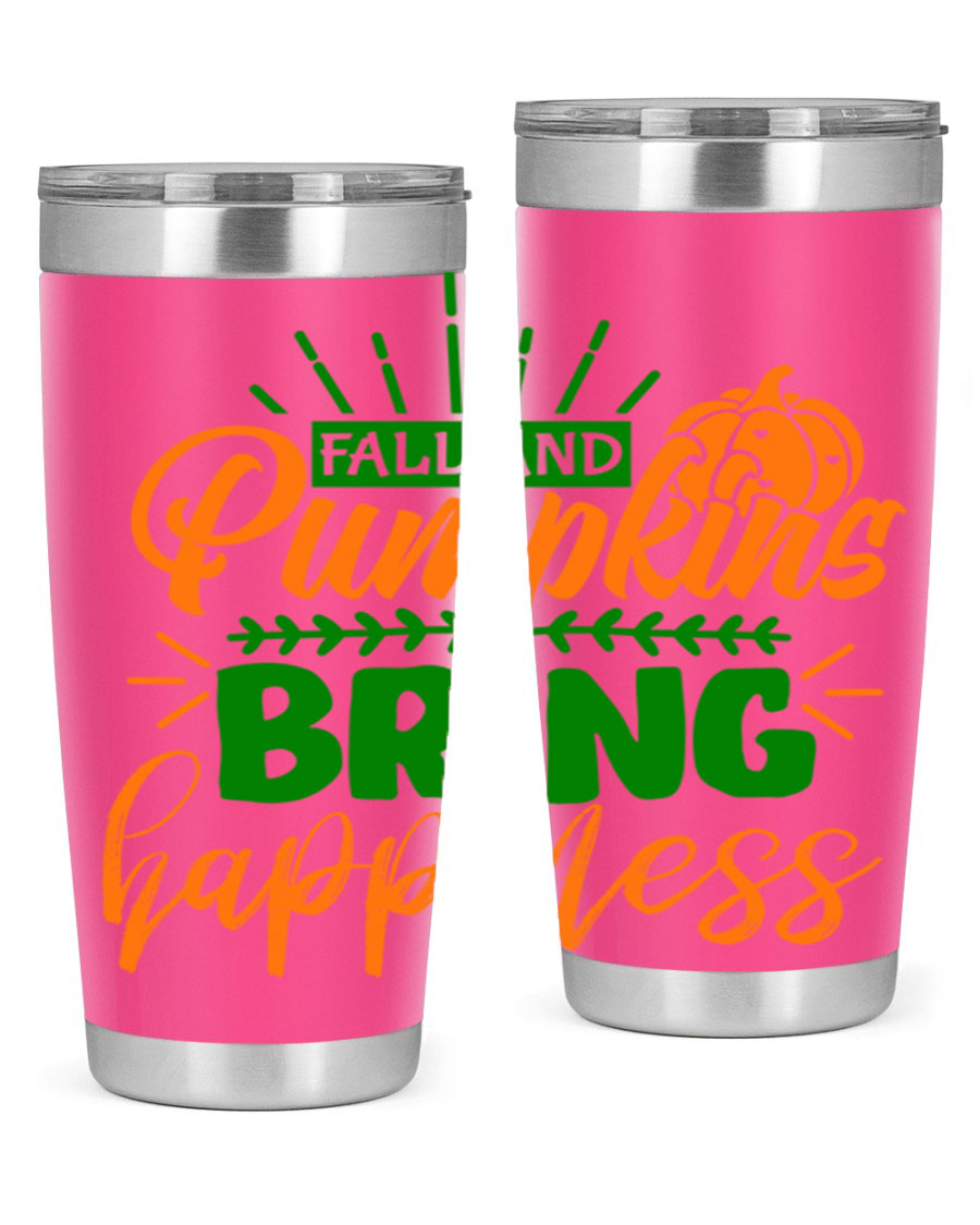 Fall and Pumpkins Bring Happiness 20oz Tumbler featuring a vibrant pumpkin design, double wall vacuum stainless steel construction, and a drink-thru lid.