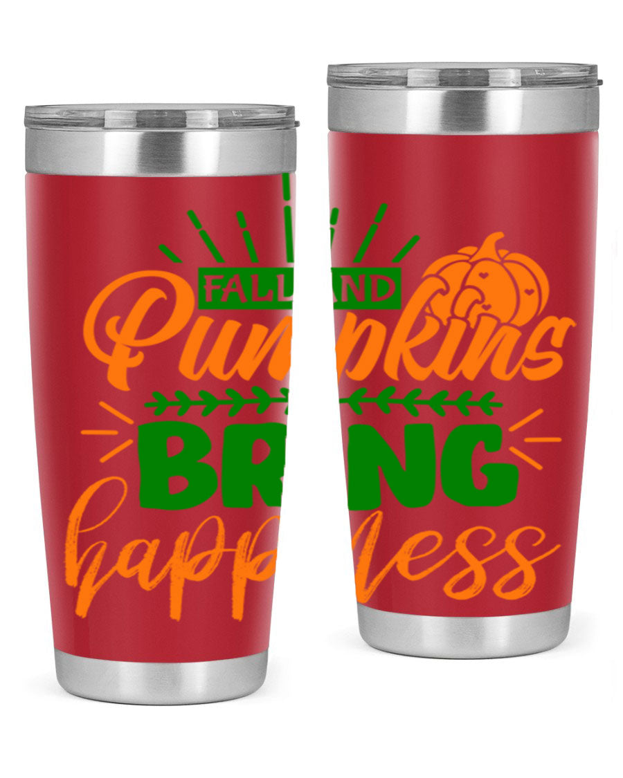 Fall and Pumpkins Bring Happiness 20oz Tumbler featuring a vibrant pumpkin design, double wall vacuum stainless steel construction, and a drink-thru lid.