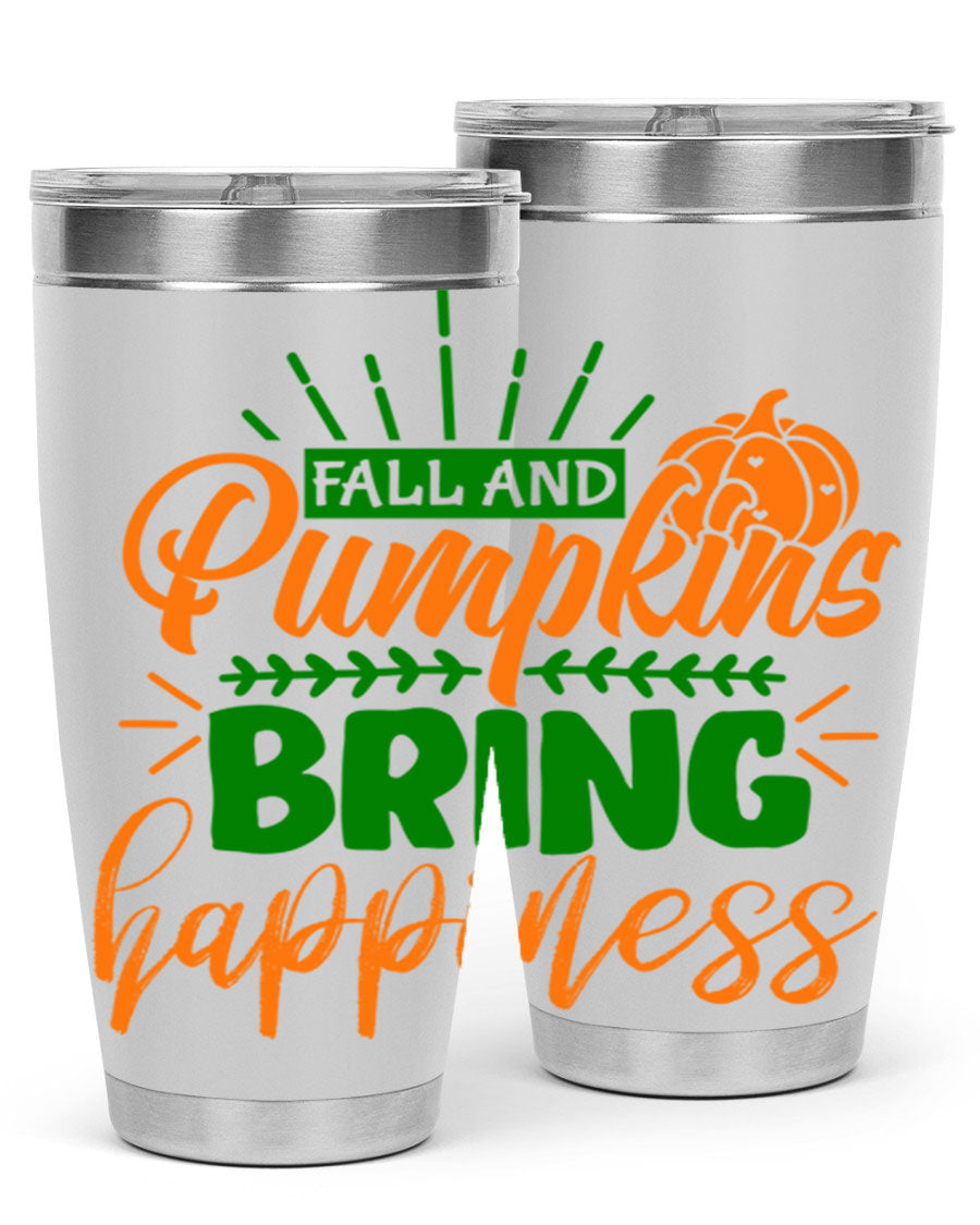 Fall and Pumpkins Bring Happiness 20oz Tumbler featuring a vibrant pumpkin design, double wall vacuum stainless steel construction, and a drink-thru lid.