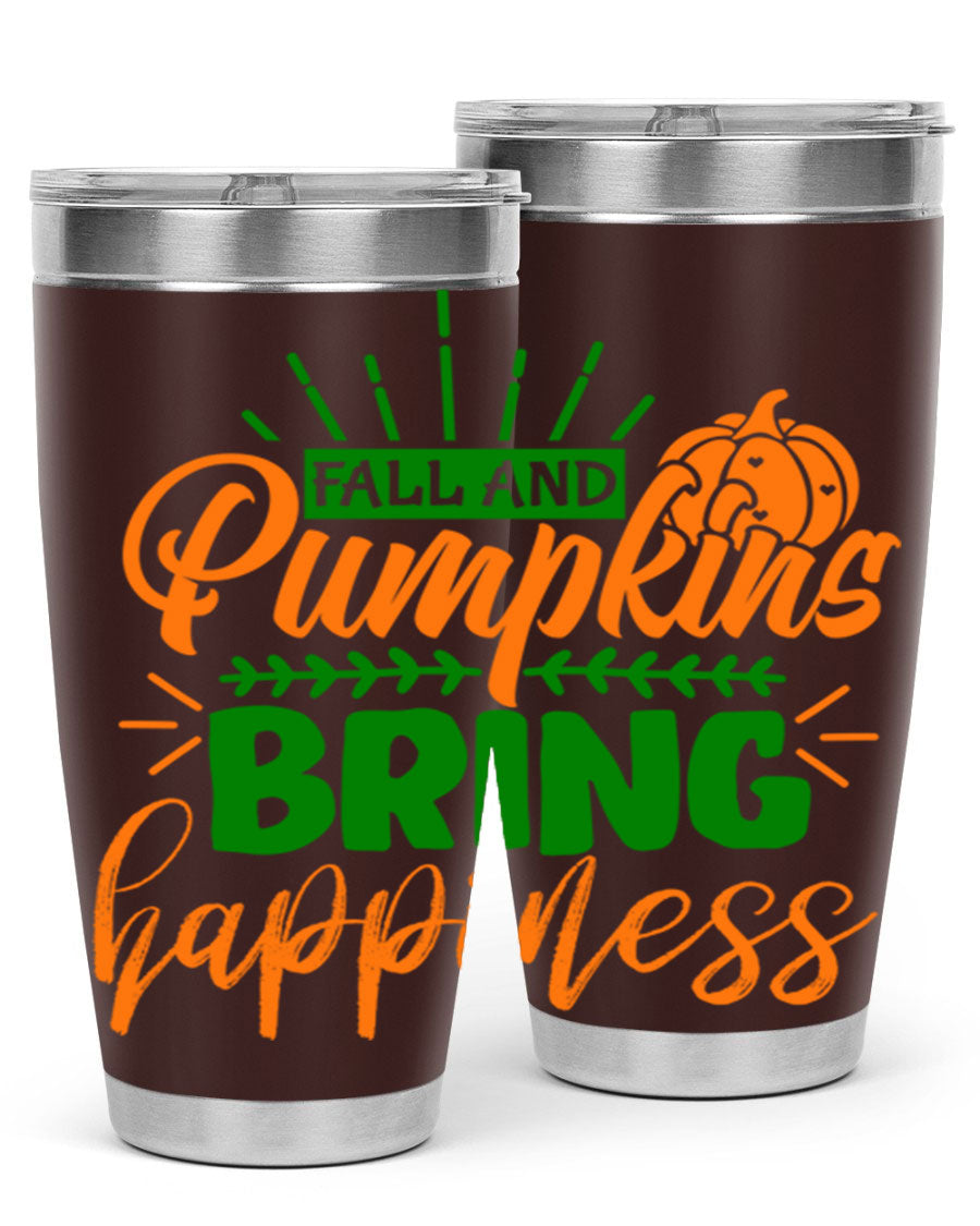 Fall and Pumpkins Bring Happiness 20oz Tumbler featuring a vibrant pumpkin design, double wall vacuum stainless steel construction, and a drink-thru lid.