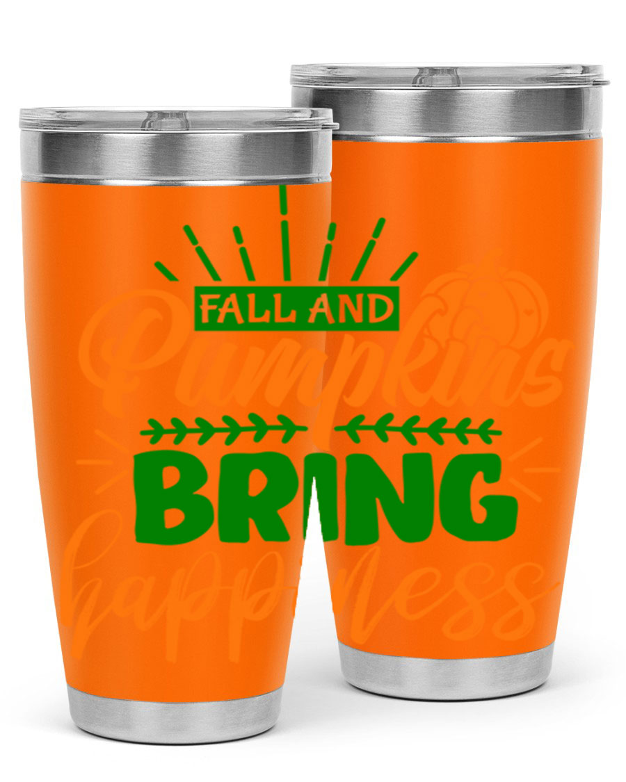 Fall and Pumpkins Bring Happiness 20oz Tumbler featuring a vibrant pumpkin design, double wall vacuum stainless steel construction, and a drink-thru lid.