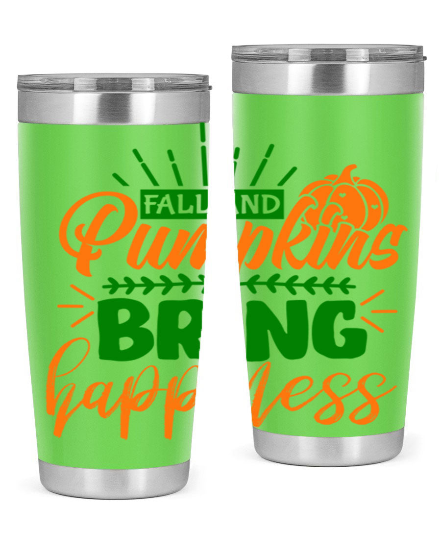Fall and Pumpkins Bring Happiness 20oz Tumbler featuring a vibrant pumpkin design, double wall vacuum stainless steel construction, and a drink-thru lid.