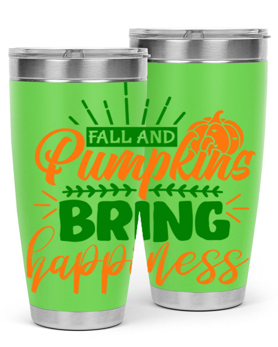 Fall and Pumpkins Bring Happiness 20oz Tumbler featuring a vibrant pumpkin design, double wall vacuum stainless steel construction, and a drink-thru lid.