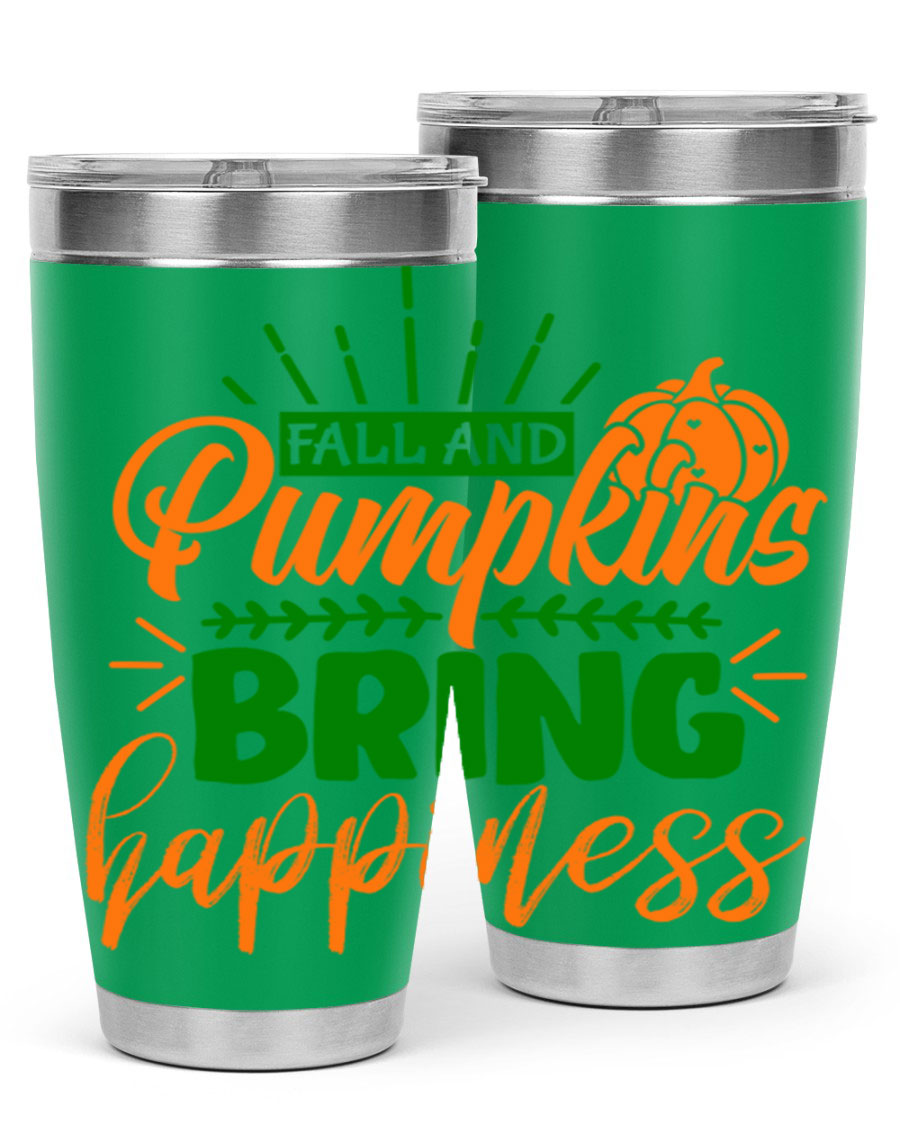 Fall and Pumpkins Bring Happiness 20oz Tumbler featuring a vibrant pumpkin design, double wall vacuum stainless steel construction, and a drink-thru lid.
