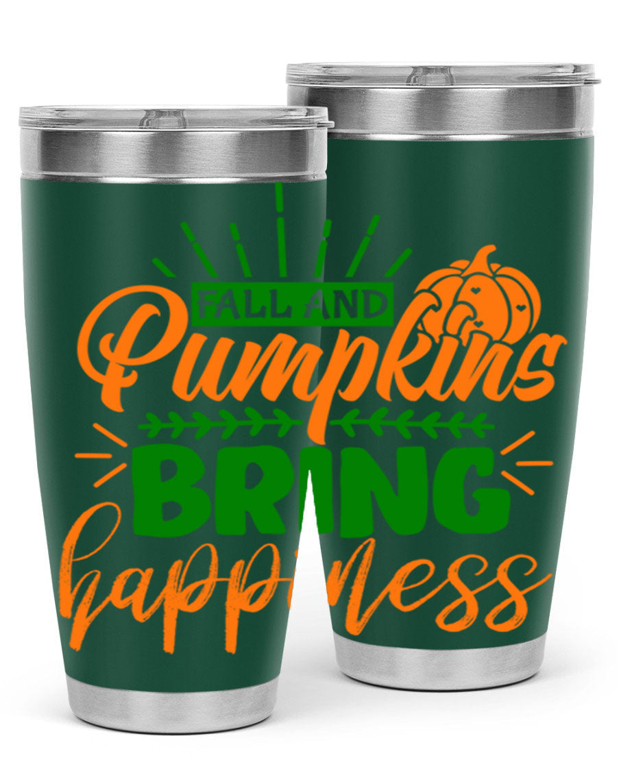 Fall and Pumpkins Bring Happiness 20oz Tumbler featuring a vibrant pumpkin design, double wall vacuum stainless steel construction, and a drink-thru lid.