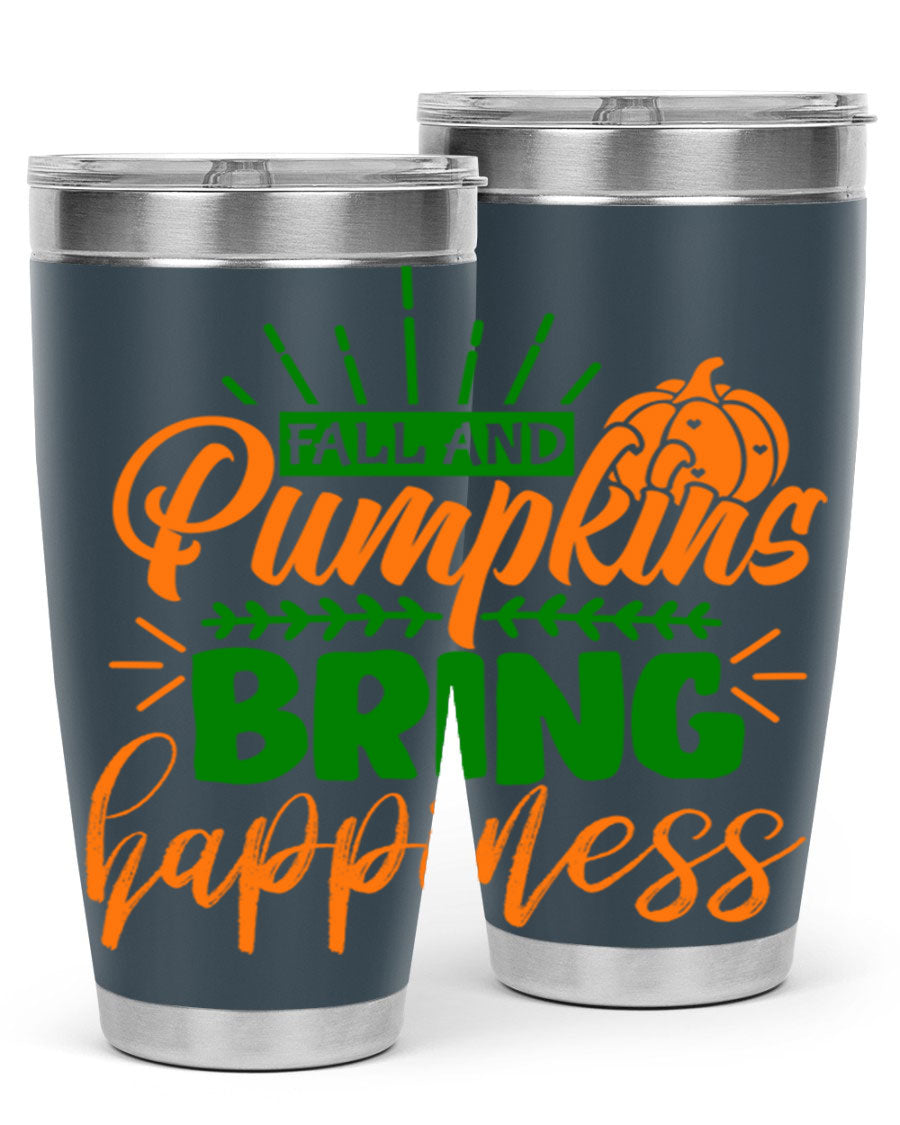 Fall and Pumpkins Bring Happiness 20oz Tumbler featuring a vibrant pumpkin design, double wall vacuum stainless steel construction, and a drink-thru lid.