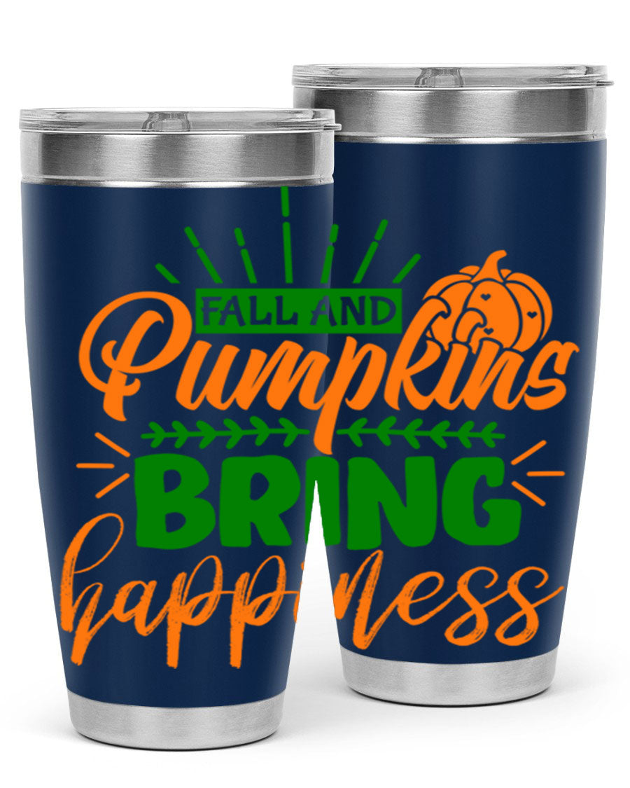 Fall and Pumpkins Bring Happiness 20oz Tumbler featuring a vibrant pumpkin design, double wall vacuum stainless steel construction, and a drink-thru lid.