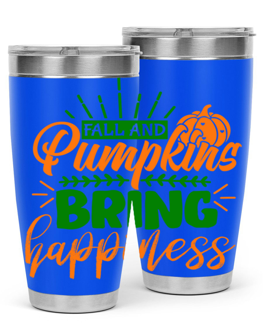 Fall and Pumpkins Bring Happiness 20oz Tumbler featuring a vibrant pumpkin design, double wall vacuum stainless steel construction, and a drink-thru lid.
