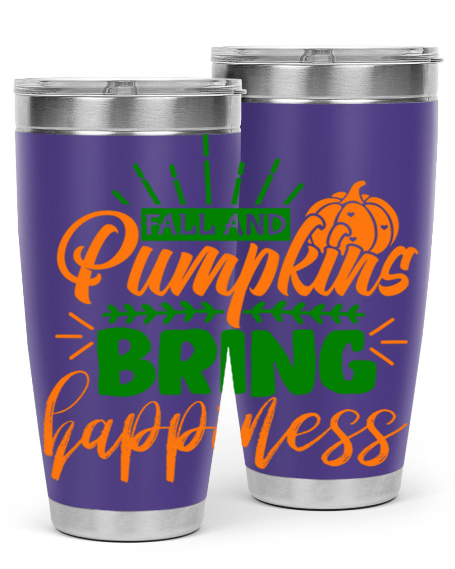 Fall and Pumpkins Bring Happiness 20oz Tumbler featuring a vibrant pumpkin design, double wall vacuum stainless steel construction, and a drink-thru lid.