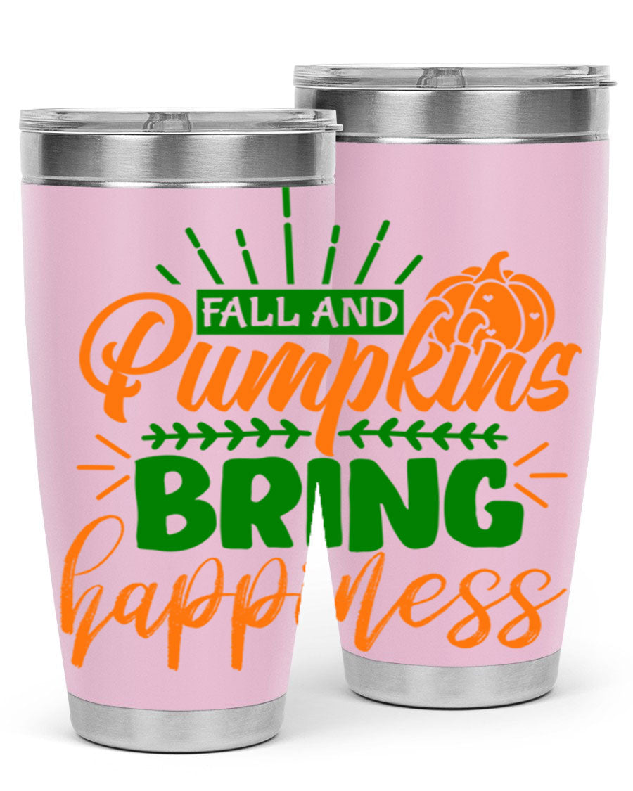 Fall and Pumpkins Bring Happiness 20oz Tumbler featuring a vibrant pumpkin design, double wall vacuum stainless steel construction, and a drink-thru lid.