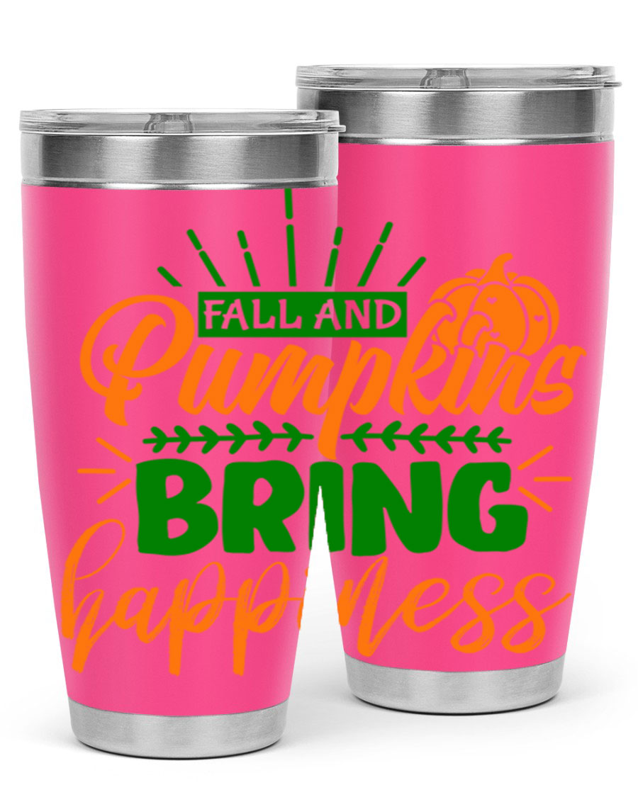 Fall and Pumpkins Bring Happiness 20oz Tumbler featuring a vibrant pumpkin design, double wall vacuum stainless steel construction, and a drink-thru lid.