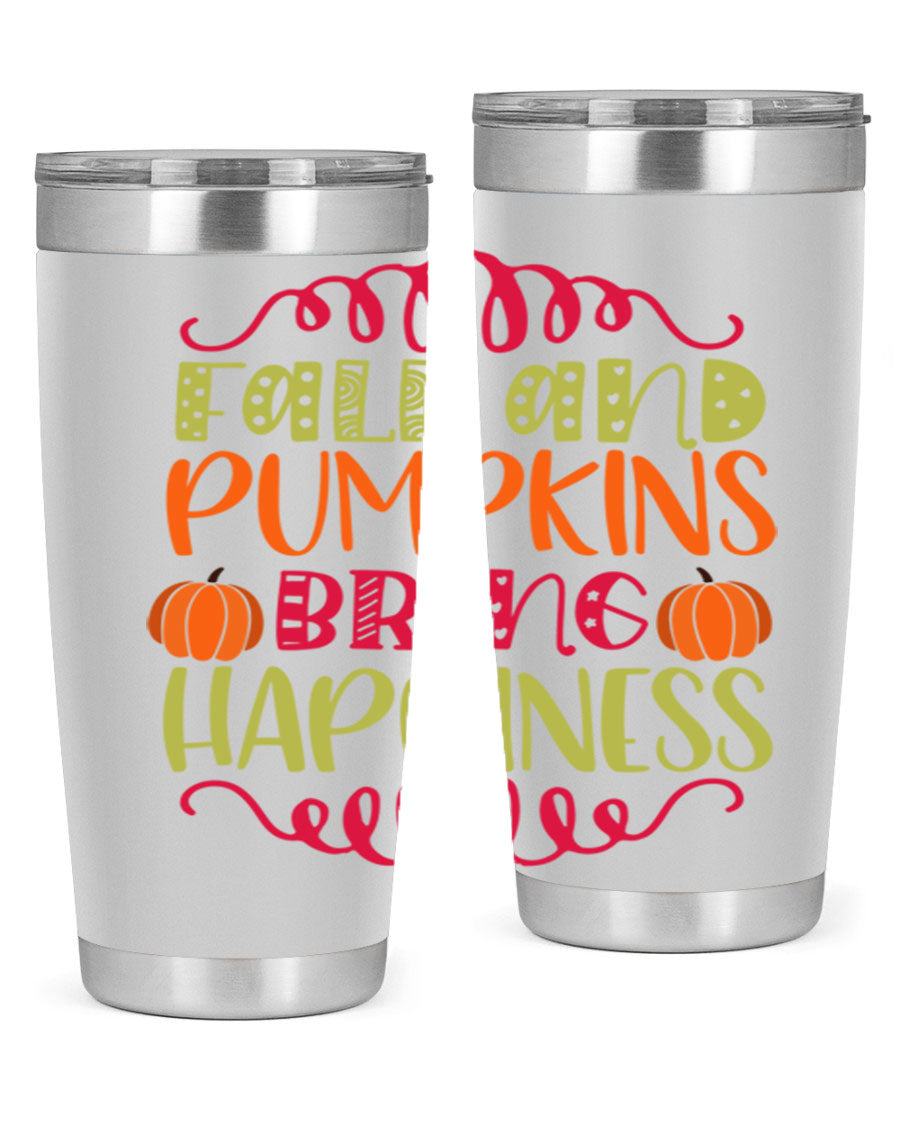 Fall and Pumpkins bring Happiness 20oz Tumbler featuring a vibrant autumn design, made of double wall vacuum stainless steel with a drink-thru lid.