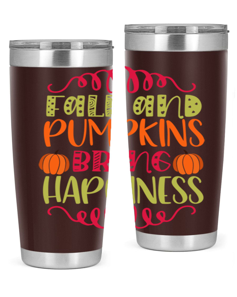 Fall and Pumpkins bring Happiness 20oz Tumbler featuring a vibrant autumn design, made of double wall vacuum stainless steel with a drink-thru lid.